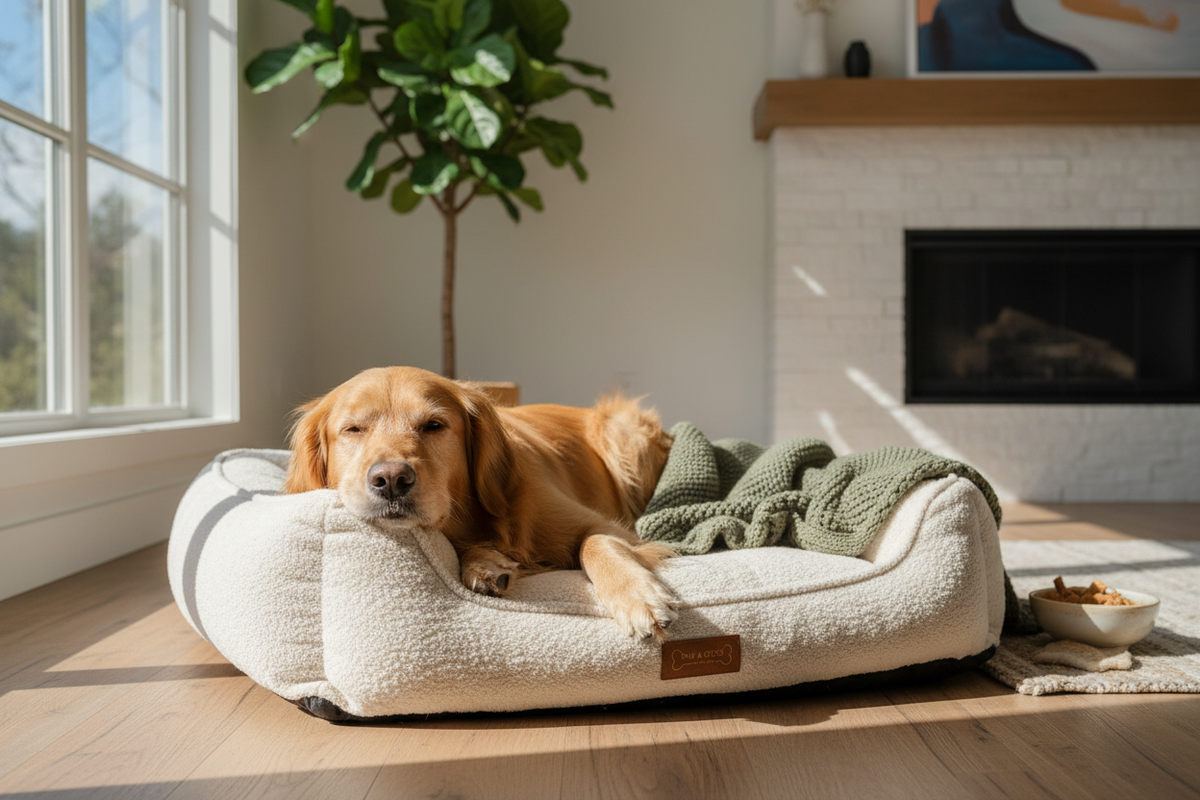 Golden Retriever liggend op een gezellig hondenkussen